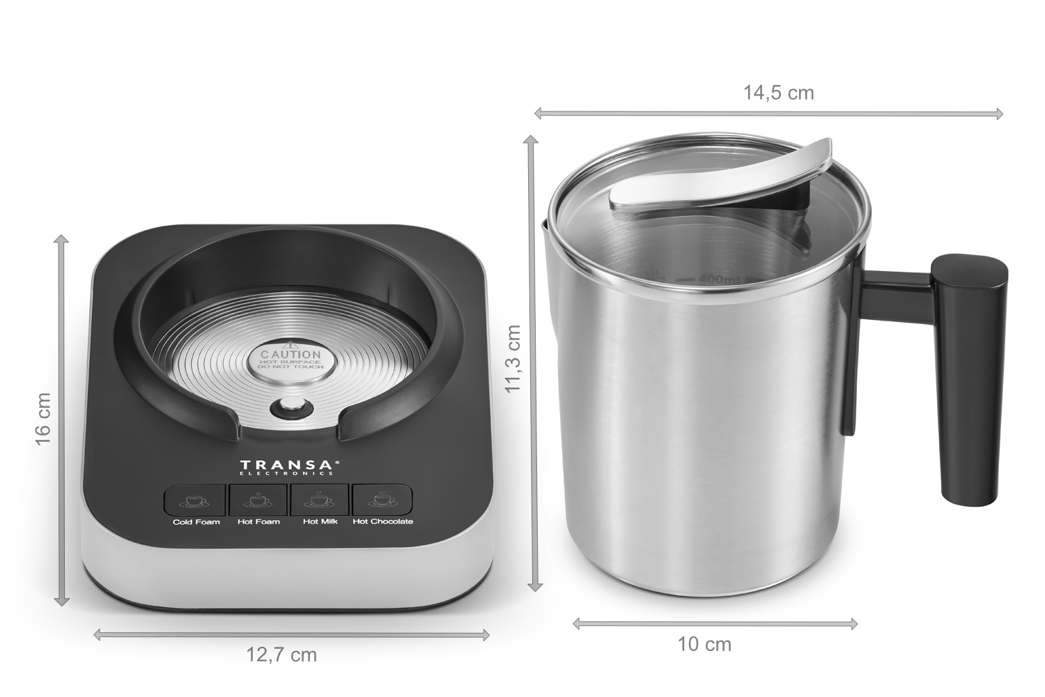 Wymiary spieniacza MilkySteel 4w1 550W Transa Electronics